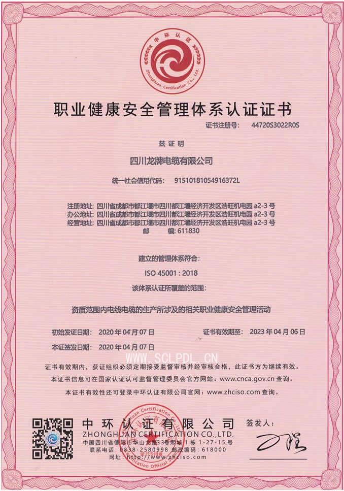 職業(yè)健康安全管理體系認證證書